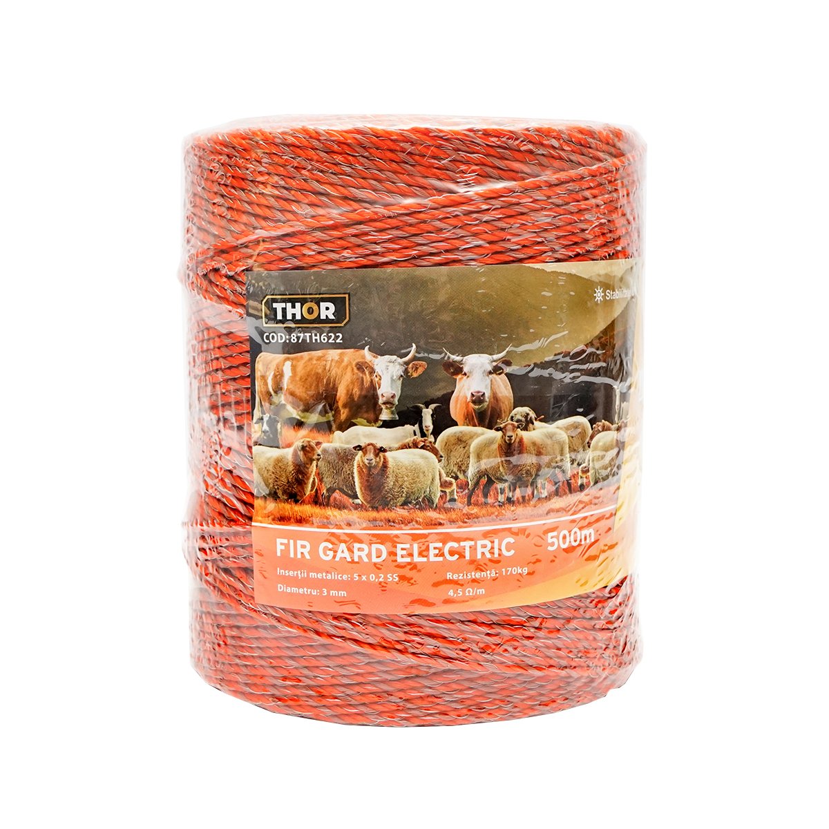 Rola fir portocaliu-maro fi 3mm insertie metalica 5x0.2mm SS, rezistenta 4.5 Ohm/m, 500m gard electric Thor